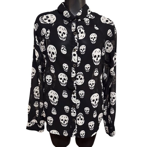 Fun and Flirt Womens S Black Skull Print Sheer Hi-Low Long Sleeve Blouse - Picture 1 of 13